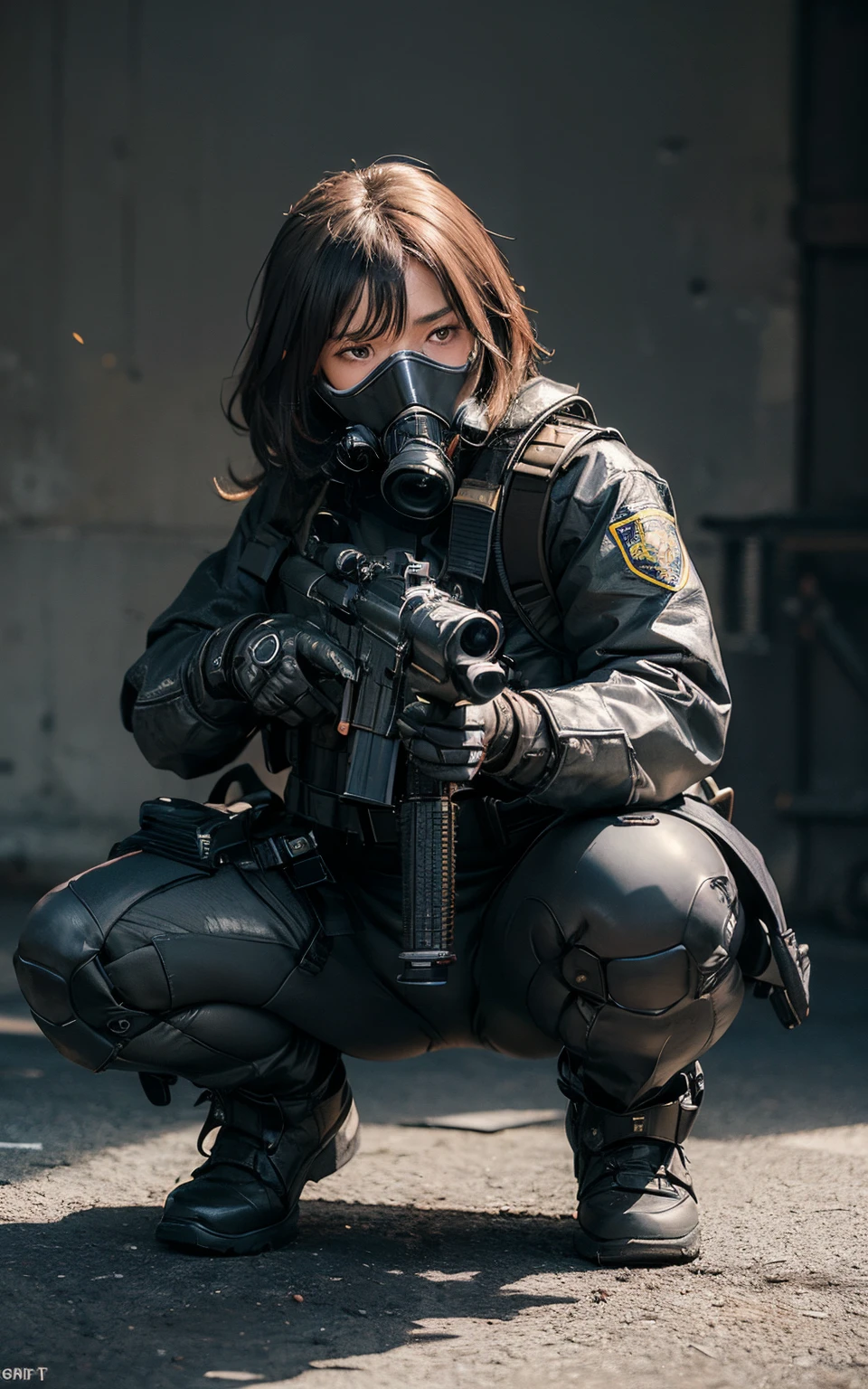 ((best quality, (masterpiece), photorealistic, photorealism, Photorealistic, high resolution)), 1girl full body, aiming with an assault rifle, another girl squatting behind, Combat pose, a bit chubby, (Detailed face), (wearing rash-guard likes police uniform, gloves, black and grey mecha, wearing futuristic-gasmask, military harness, holding a machinegun, carrying hich-tech-launcher), background grey wall, Fingers are occluded