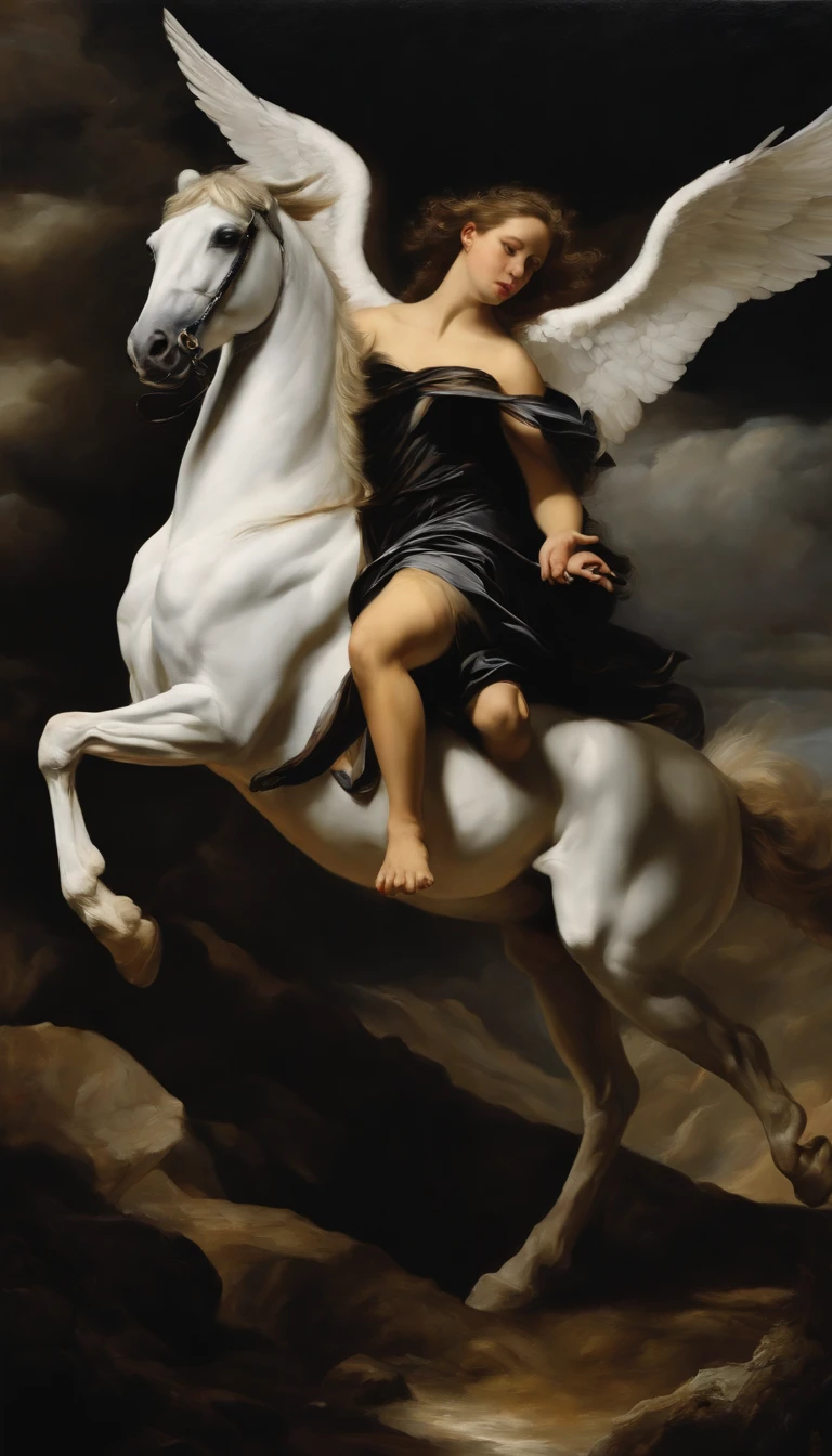 an oil painting,, A breathtaking masterpiece, Vivid,  Caravaggio, 8K，angelicales，Lots of people，Fallen Angel，angel riding a black horse，and an angel，White Angel