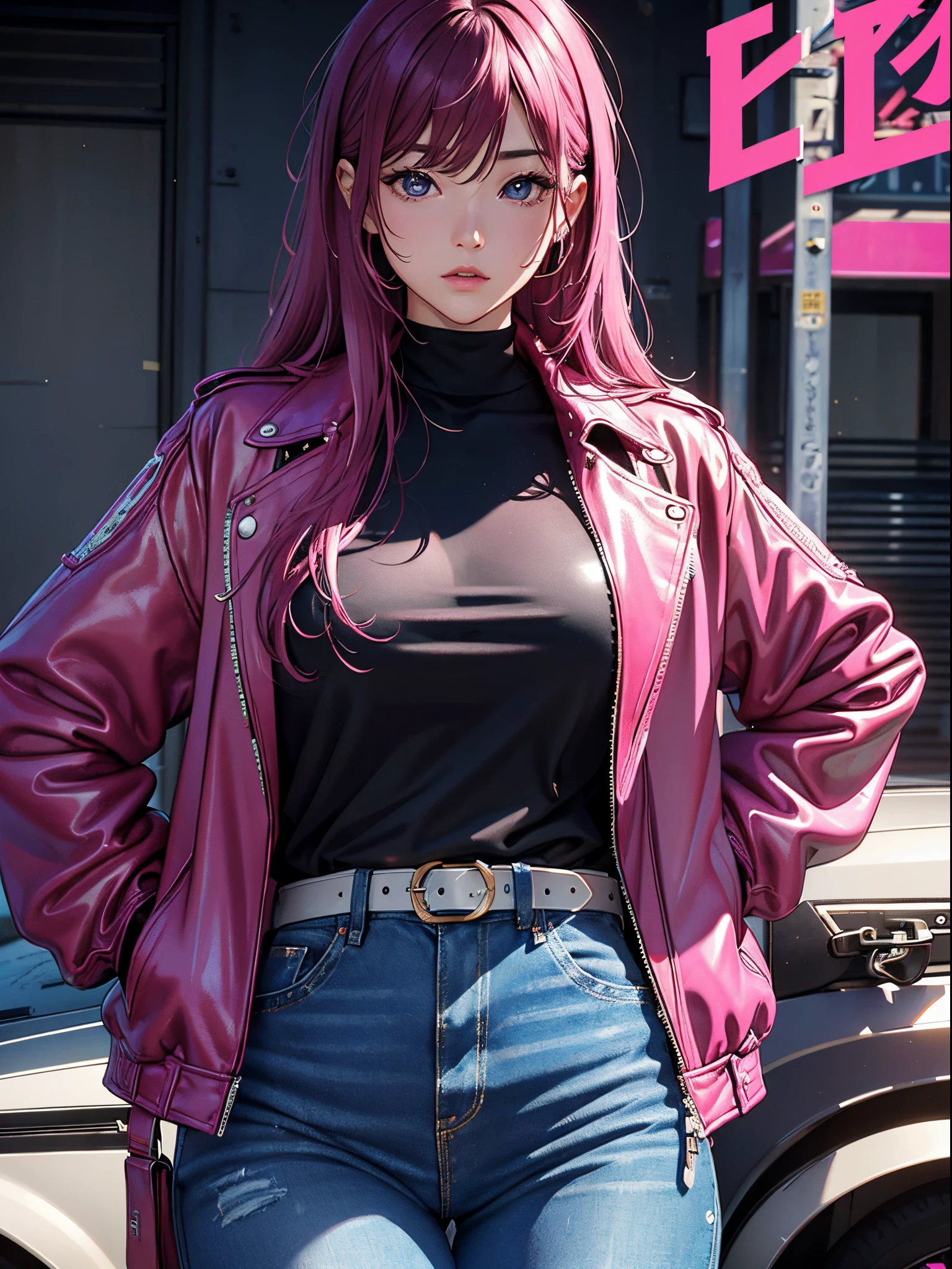 magenta tone、Vibrant colors、((masterpiece)))、(((top-quality)))、((ultra-detailliert))、(A hyper-realistic)、(highly detailed CGillustration)、Official art、CD cover、It will be、Mid summer、Stylish、glorious 1980s、Cool Beauty、cochetti gorgeous、matchless beauty、leather jackets、jeans、Female Solo、Perfect Angle、perfect-composition、