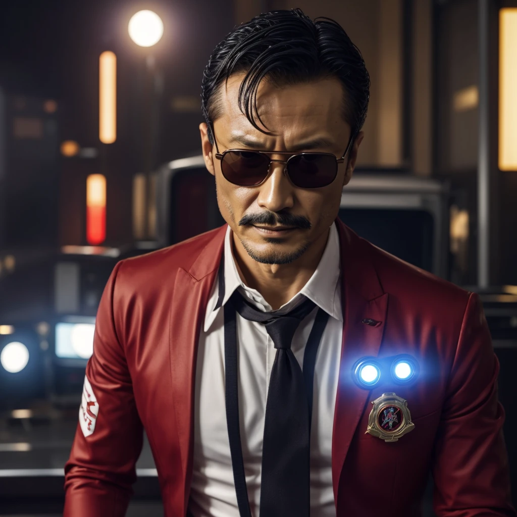 50 years old，Hidetoshi Nakata ，（Kogoro Mouri 1.3), a man in a apple red shirt, ray ban sunglasses, mustache，little beard, sci-fi, robot Gundam, war.im future, masterpiece，4k hd