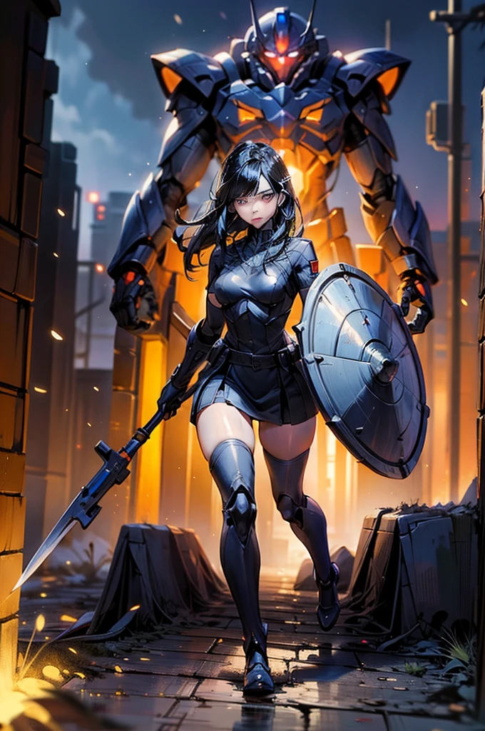 SFW, reika\(gantz\), reika\(shortsuit\), gundam\(rx78\), ultra high res, best quality, photo, 4k, (photorealistic:1.4), 1girl, solo, (full body:1.4), black hair, beautiful face, beautiful eyes, in the night city, tokyo (city), running, mecha armor, depth of field, motion lines, short skirt, tight shirt, looking at viewer, upper body, weapon, shield