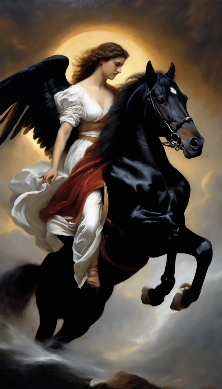 an oil painting,, A breathtaking masterpiece, Vivid, Caravaggio, 8K,angelicales,Fallen Angel,fallen angel riding a black horse,and an angel,White Angel,Kuroma