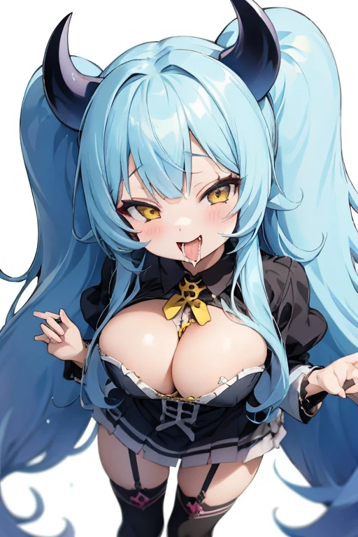 Kawaii Girl,Happy face,sky blue hair,Yellow eyes,Very long straight hair,demonic horns,ultra gigantic tits,Goth costume,(hardcore,oralsex),Looking at Viewer,White background