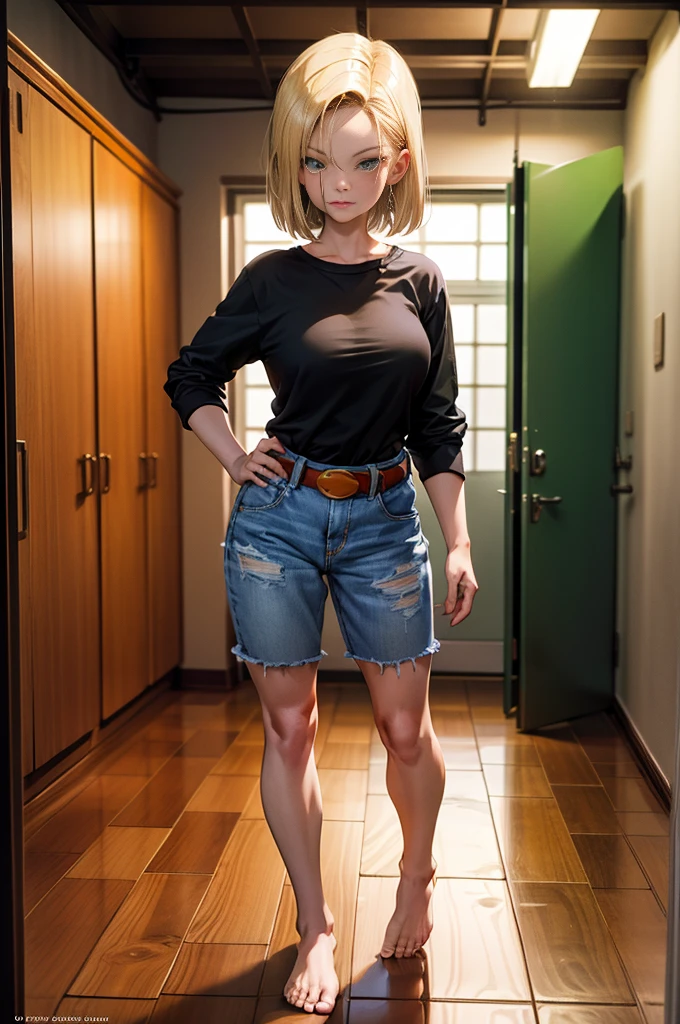 full body, barefoot, standing on bed, masterpiece, best quality, ultra-detailed, absurdres, Potrait of beautiful Android18DB, solo, denim, breasts, belt, big breasts, volumetric lighting, best quality, masterpiece, intricate details, tonemapping, sharp focus, hyper detailed, trending on Artstation, nightime