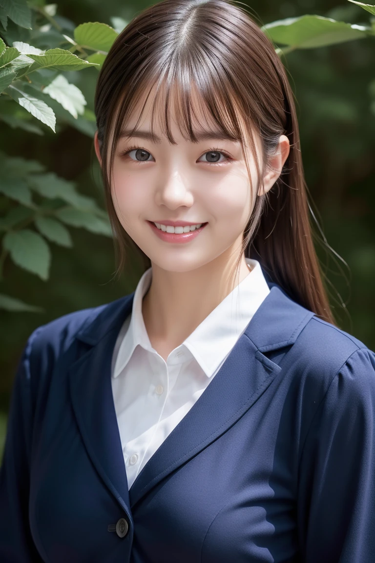 Enhanced dynamic perspective,Cute cute beautiful girl,JK school uniform,Lower breast, Look at me and smile,simple backgound,Works of masters,high quarity,4K resolution,super-fine,Detailed pubic hair,准确,Cinematic lighting,Leaves the original facial proportions、(large full breasts)、((buttonGap))、Kamimei、remove two buttons