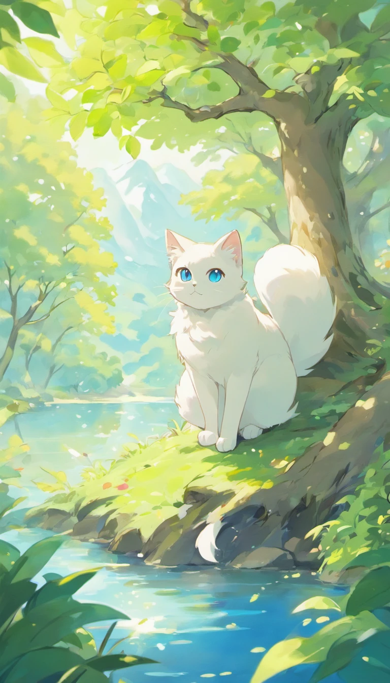 White cat、Blue eyes、sidelong glance、Inside a fantastic forest with a large lake in the background、Elegance、narrow her eyes、Fantastical、hali々and has、Condescending、Go straight towards the tree branch