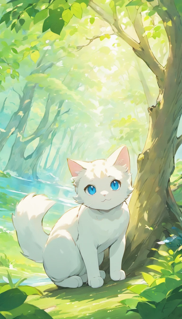 White cat、Blue eyes、sidelong glance、Inside a fantastic forest with a large lake in the background、Elegance、narrow her eyes、Fantastical、hali々and has、Condescending、Go straight towards the tree branch