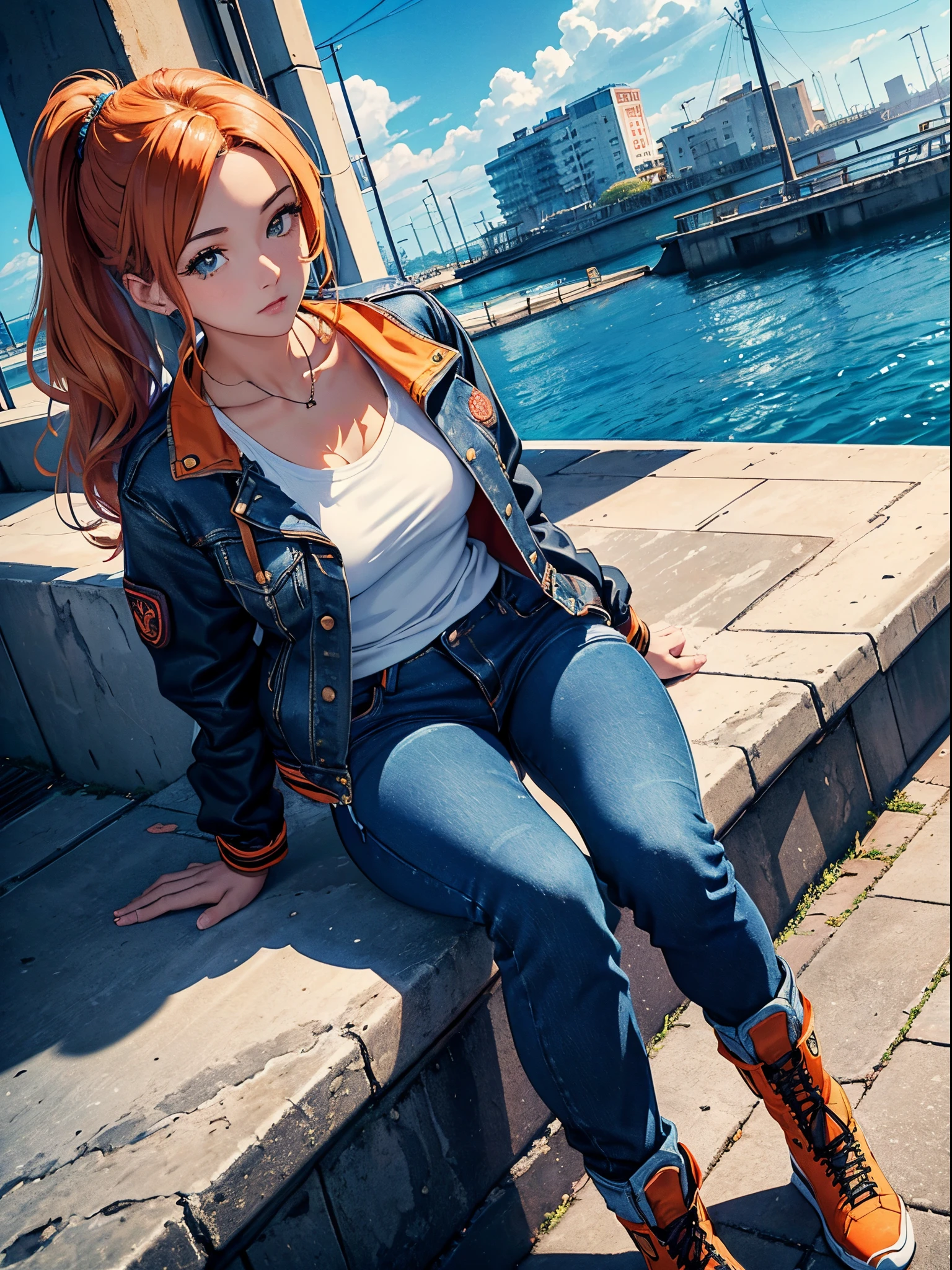 Orange and Indigo Keynote Speech、Vibrant colors、((​masterpiece)))、(((top-quality)))、((ultra-detailliert))、(A hyper-realistic)、(highly detailed CGillustration）、Official art、CD cover、urbane、City Pop、seaside、poneyTail、It will be、Cool feeling、Mid summer、Stylish、glorious 1980s、Cool Beauty、cochetti gorgeous、matchless beauty、jaket、jeans、Female Solo、Perfect Angle、perfect-composition