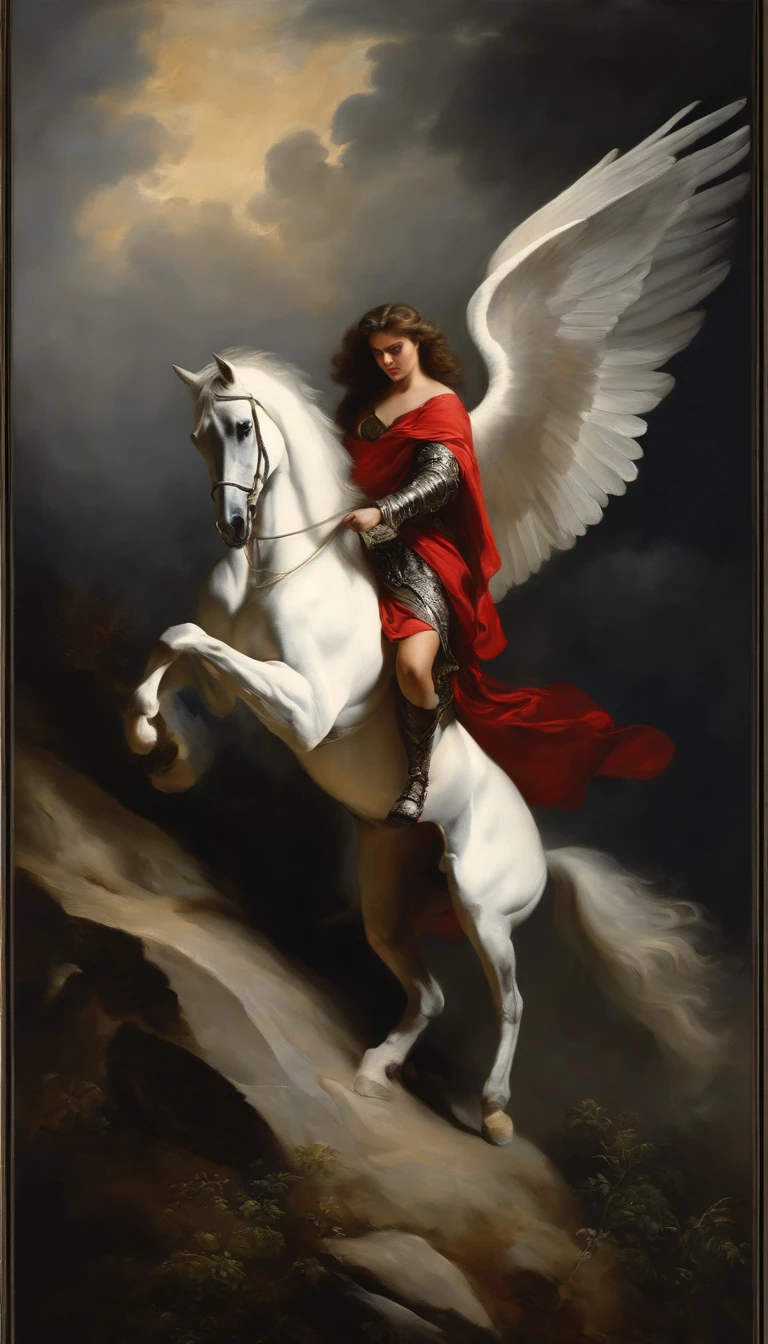 an oil painting,, A breathtaking masterpiece, Vivid, Caravaggio, 8K,angelicales,Lots of people,Fallen Angel,angel riding a white horse,and an angel,dark angel,black angel,Hakuba