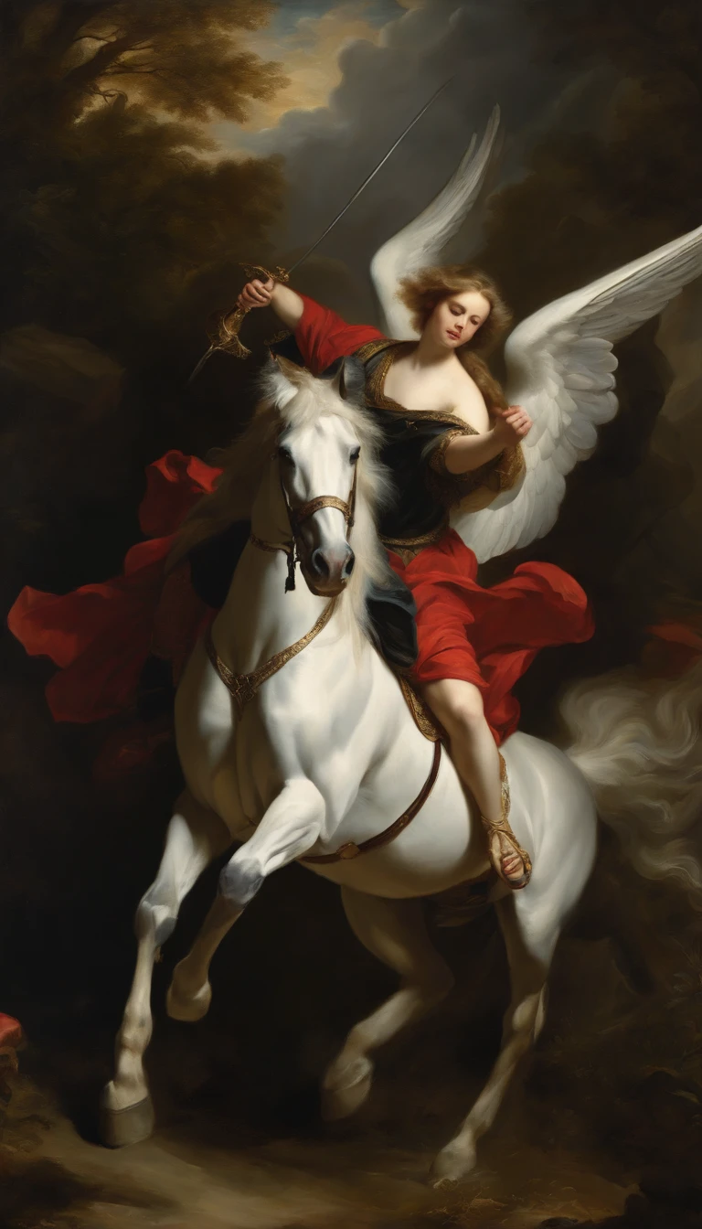 an oil painting,, A breathtaking masterpiece, Vivid, Caravaggio, 8K,angelicales,Lots of people,Fallen Angel,angel riding a white horse,and an angel,dark angel,black angel,Hakuba