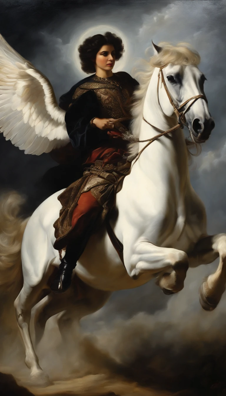 an oil painting,, A breathtaking masterpiece, Vivid, Caravaggio, 8K,angelicales,Lots of people,Fallen Angel,angel riding a white horse,and an angel,dark angel,black angel,Hakuba