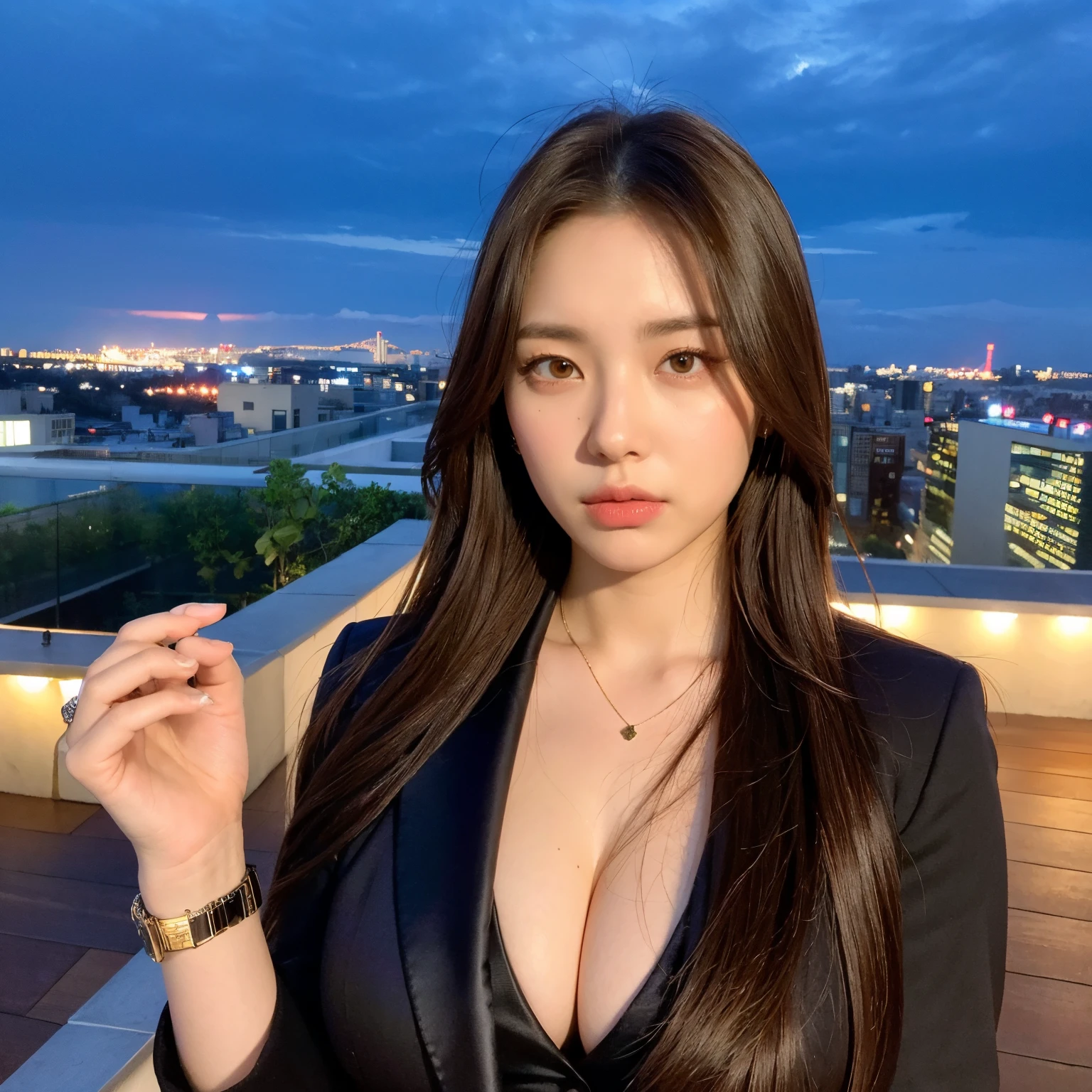 (realistic, high resolution:1.3), 1 girl with perfect figure, super fine face and eyes, long hair, big breasts, Pensive pose on a rooftop with a view, wearing a tailored blazer with an unbuttoned shirt, revealing a hint of chest, paired with well-fitted trousers, classic watch or cufflinks, slightly tousled hair, holding a whiskey glass or a cigar, rooftop with city lights in the background.