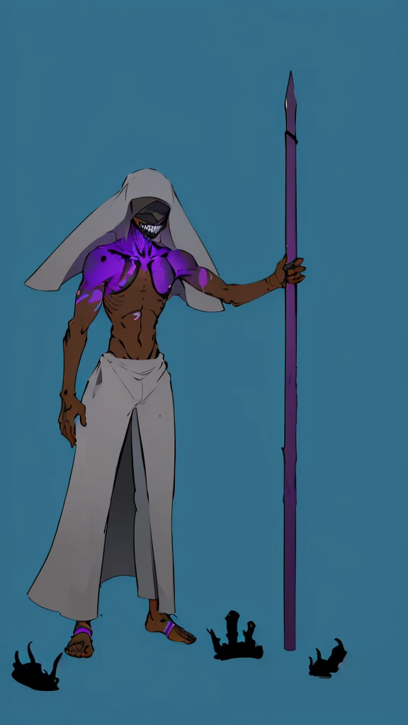 (masterpiece), best quality, detailed very Thin man, black skin, headgear black simagh, black blindfold, detailed skeleton mask, full body, big long black pants, half naked, black purple slime, holding spear, monster, cripple, no skeleton body