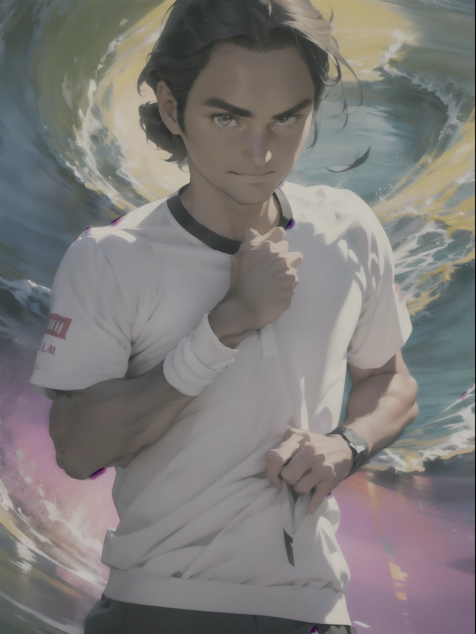Roger Federer, pista de tenis, Camisa negra, Alto Boddy, frente al espectador, jugando tennis, tenista, Fondo gradual, Colorful Artistic Background, Obra maestra