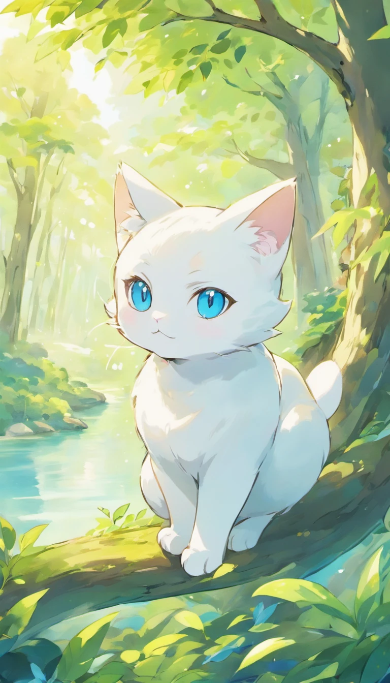 White cat、Blue eyes、sidelong glance、Inside a fantastic forest with a large lake in the background、Elegance、narrow her eyes、Fantastical、hali々and has、Condescending、Go straight towards the tree branch