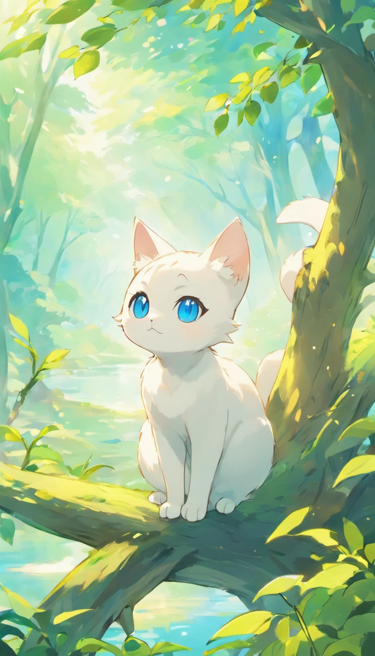 White cat、Blue eyes、sidelong glance、Inside a fantastic forest with a large lake in the background、Elegance、narrow her eyes、Fantastical、hali々and has、Condescending、Go straight towards the tree branch