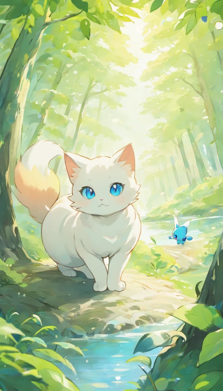 White cat、Blue eyes、sidelong glance、Inside a fantastic forest with a large lake in the background、Elegance、narrow her eyes、Fantastical、hali々and has、Condescending、Go straight towards the tree branch