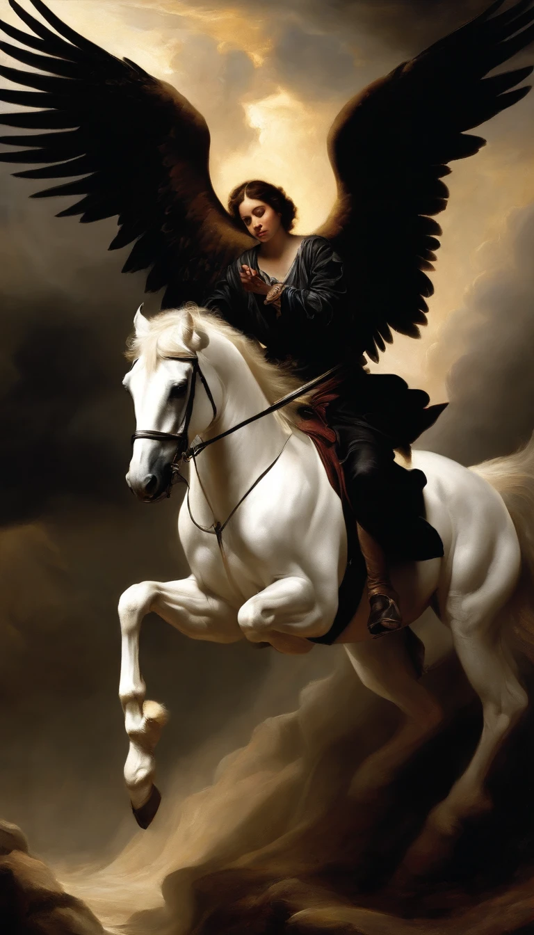 an oil painting,, A breathtaking masterpiece, Vivid,  Caravaggio, 8K，angelicales，Lots of people，Fallen Angel，fallen angel riding a white horse，dark angel，Black Angel，Hakuba
