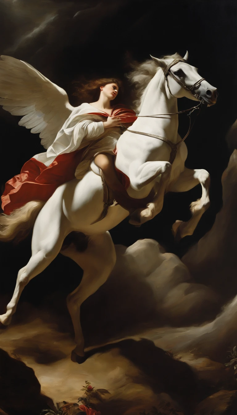 an oil painting,, A breathtaking masterpiece, Vivid, Caravaggio, 8K,angelicales,Lots of people,Fallen Angel,fallen angel riding a white horse,dark angel,Black Angel,Hakuba