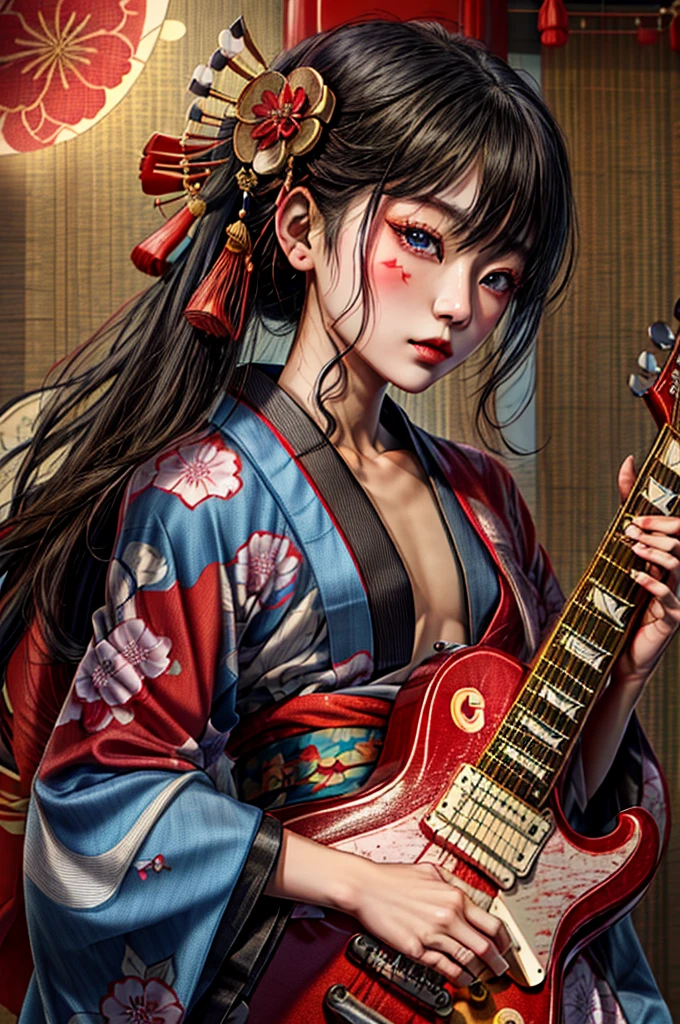 girl playing guiter, nice guiter, ((perfect guitar strings:1.3)), (((A girl wearing a kimono and playing an electric guitar))), (((Les paul)))、(((Full body shot))),(((Smaller chest))), (((Oiran Style)))、full bodyesbian、cowboy  shot、Ukiyo-e style courtesan style、ultra-detailliert、Beautifully Aesthetic、​masterpiece、top-quality、A detailed eye、Red eyes、(((Smaller chest)))、1girl in、独奏、looking at the viewers、blue eyess、A dark-haired、hair adornments、komono、kimono、makeups、lipsticks、hair stick、red kimono、kanzashi、layered clothes、Art parody、Anime, Illustration, Detailed skin texture, Detailed Cloth Texture, beautifull detailed face,、花魁、