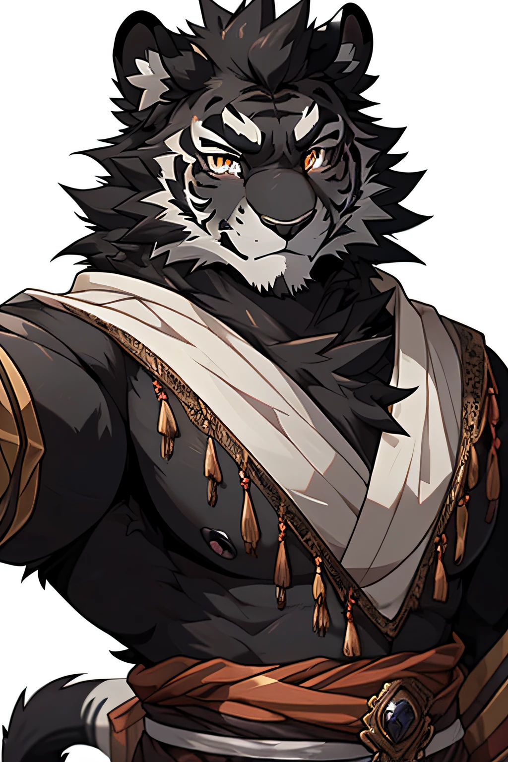 (Best quality at best), (tmasterpiece), (ultra - detailed), niji, eyed, 黑The eye, hairy pubic hair, Alone, (Black fur:2), personal profile picture, human character (one tiger), male people, (one tiger), Middle age, Muscle tissue, magic clothes, Very rich facial details,(facing at the camera:1.5),(Without expression:1.3),The expression is cold,eyes cold