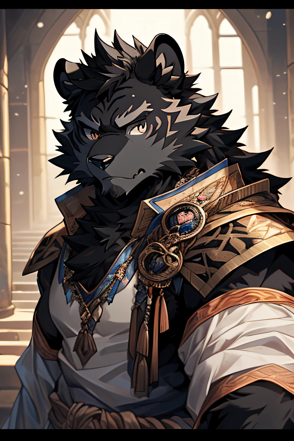 (Best quality at best), (tmasterpiece), (ultra - detailed), niji, eyed, 黑The eye, hairy pubic hair, Alone, (Black fur:2), personal profile picture, human character (one tiger), male people, (one tiger), Middle age, Muscle tissue, magic clothes, Very rich facial details,(facing at the camera:1.5),(Without expression:1.3),The expression is cold,eyes cold