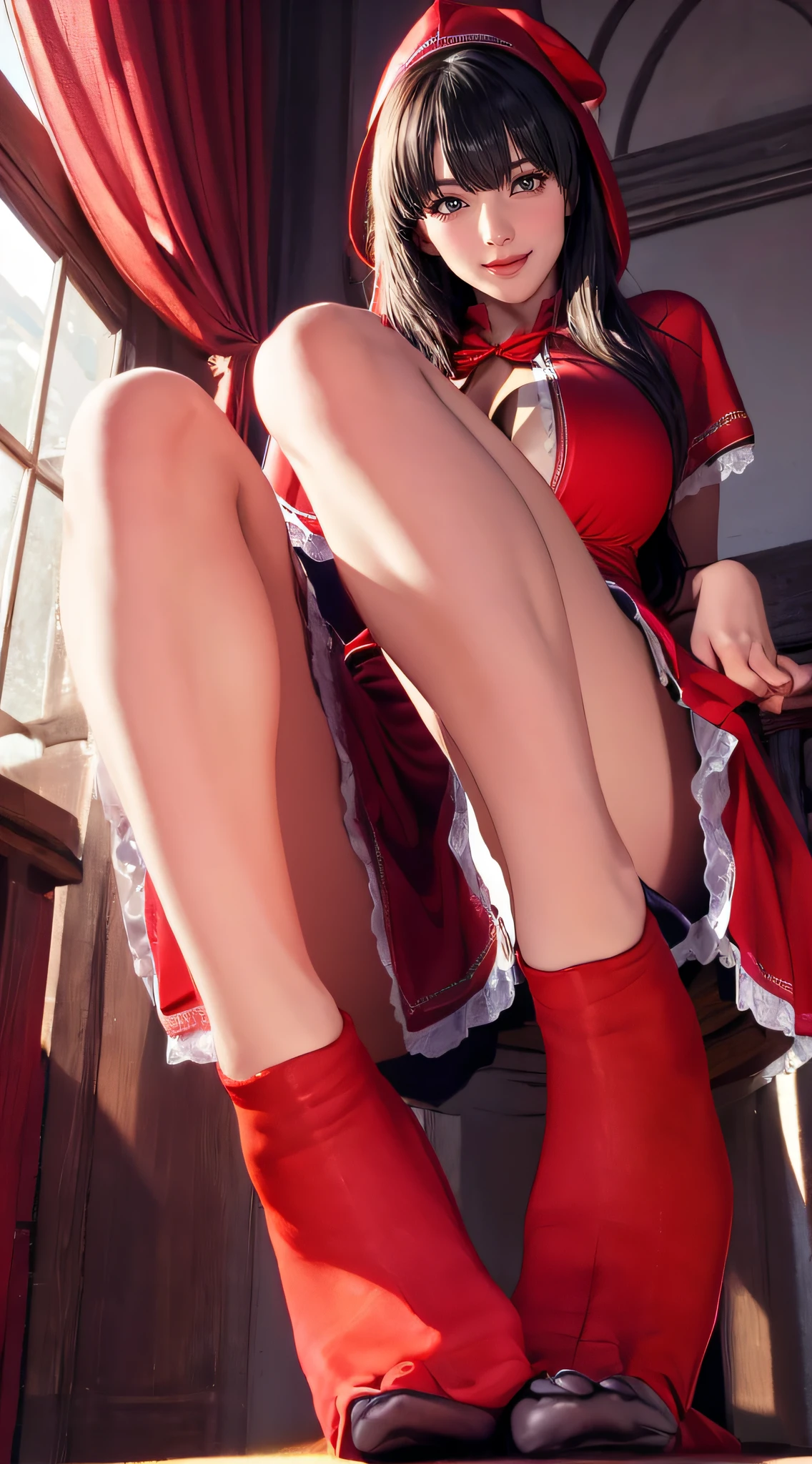 （（（Raised your legs,a skirt,Red dress，Red Hat，short red dress，right ventricle, A woman wearing a red cloak and black stockings ,right ventricle,big chest and thin waist，Big crotch））），((tmasterpiece)),A high resolution, ((Best quality at best))，tmasterpiece，top-quality，Best quality，（（（ exquisite facial features，looking at viewert,There is light in the eyes，Smilingly，Self-confident ））），（（（Light and shadow interlace，huge boob））），（（（dynamicposes, 1 girl, (complete figure:0.9), Alone,, sexy women,Body contours，Raised sexy，Big breasts are very charming，Realistic silhouette of human body， ((good body)), )）））