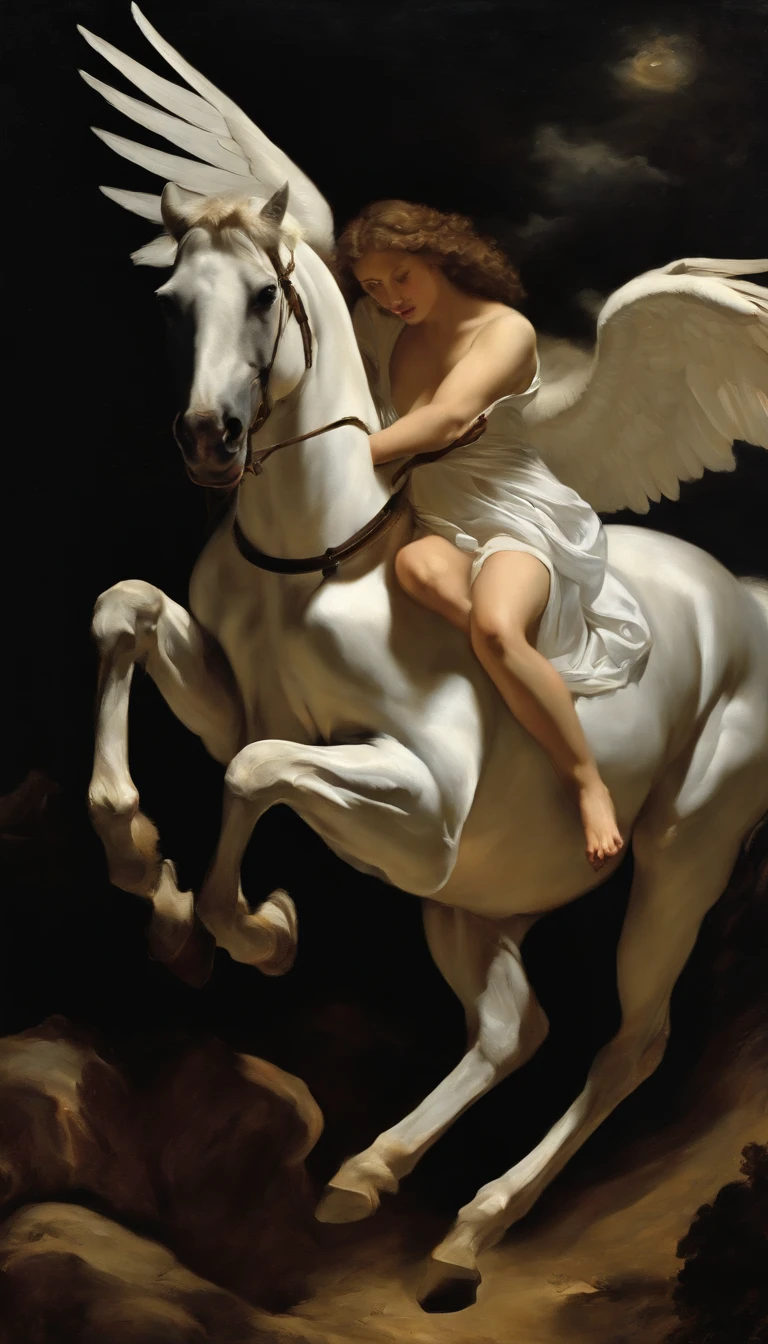 an oil painting,, A breathtaking masterpiece, Vivid,  Caravaggio, 8K，angelicales，Lots of people，Fallen Angel，Fallen angel riding a white horse，dark angel，Black Angel，Hakuba