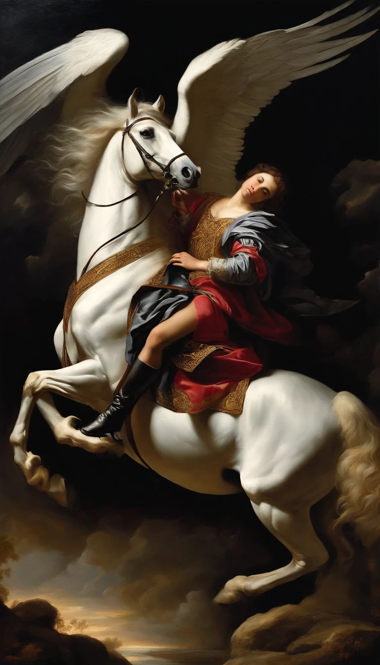 an oil painting,, A breathtaking masterpiece, Vivid,  Caravaggio, 8K，angelicales，Lots of people，Fallen Angel，Fallen angel riding a white horse，dark angel，Black Angel，Hakuba