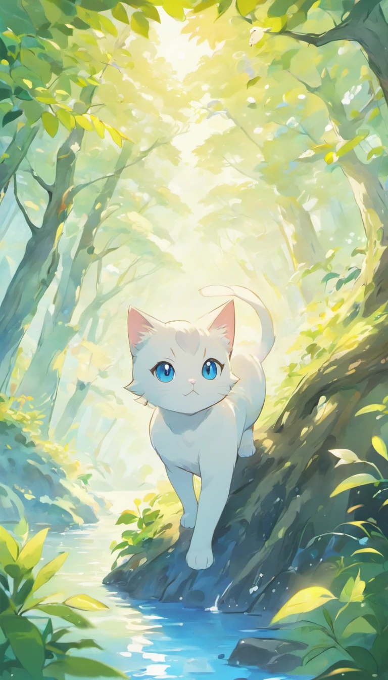 White cat、Blue eyes、sidelong glance、Inside a fantastic forest with a large lake in the background、Elegance、narrow her eyes、Fantastical、hali々and has、Condescending、Go straight towards the tree branch