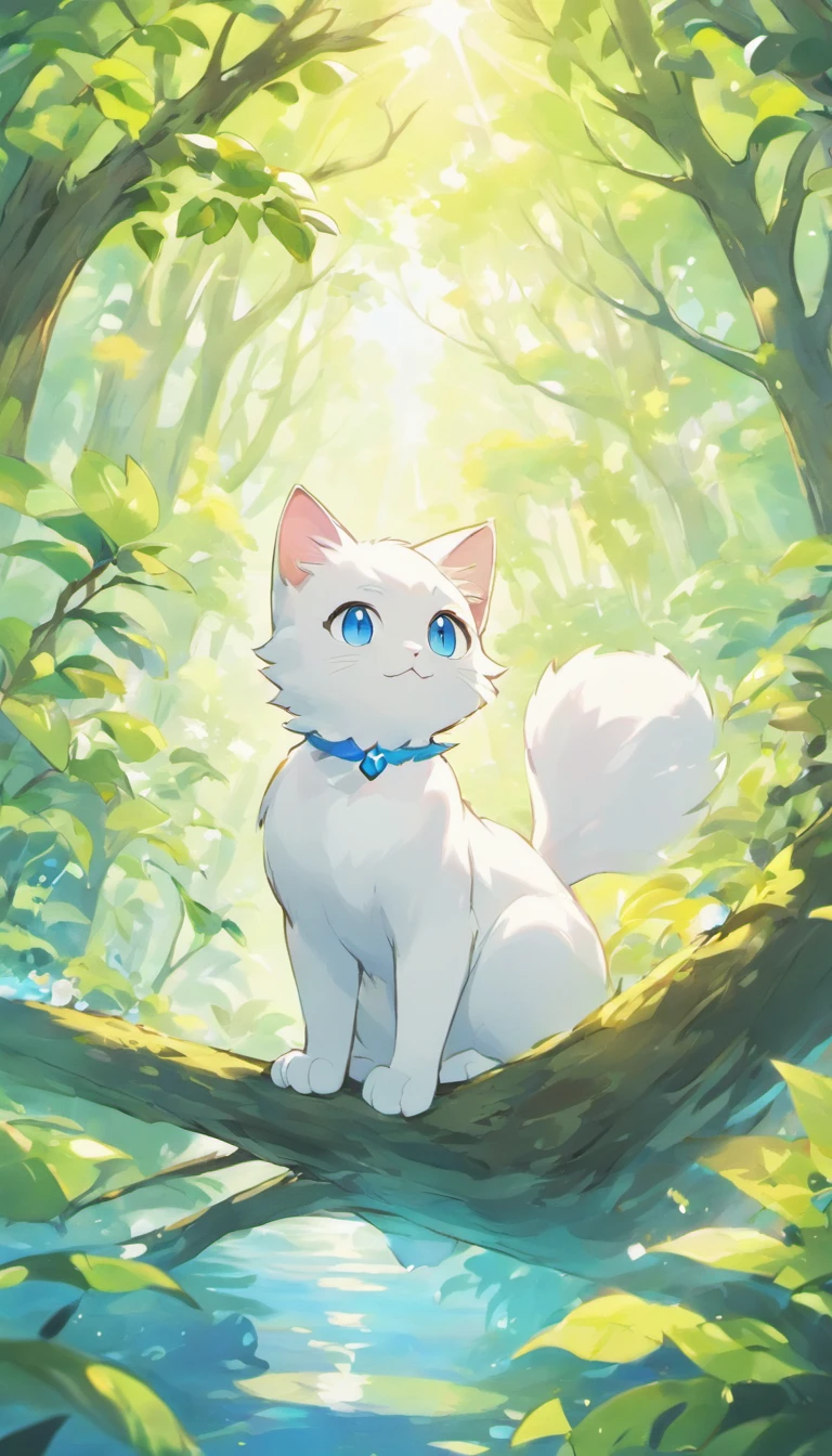 White cat、Blue eyes、sidelong glance、Inside a fantastic forest with a large lake in the background、Elegance、narrow her eyes、Fantastical、hali々and has、Condescending、Go straight towards the tree branch