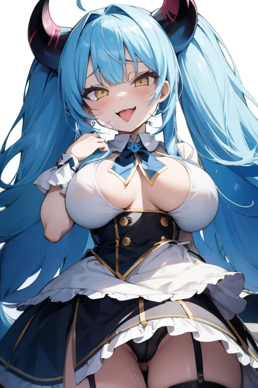 Kawaii Girl,Happy face,sky blue hair,Yellow eyes,Very long straight hair,demonic horns,ultra gigantic tits,Goth  costume,(hardcore,oralsex),Looking at Viewer,White background