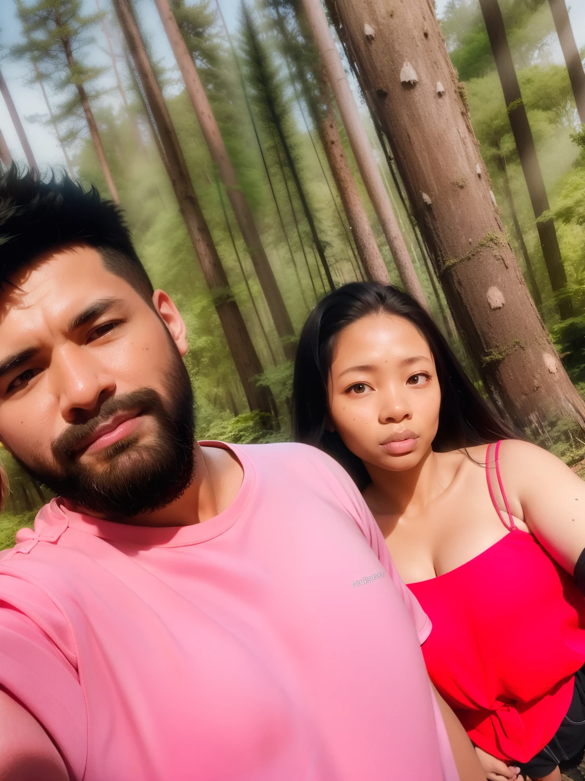 there are two people standing in the woods taking a selfie, in front of a forest background, in front of an amazing forest, looking majestic in forest, in jungle forest, in forest jungle, in forest, in jungle forest !!!, against the backdrop of trees, in jungle forest peak, profile pic, walking around in forest, in pink forest, in jungle, profile image