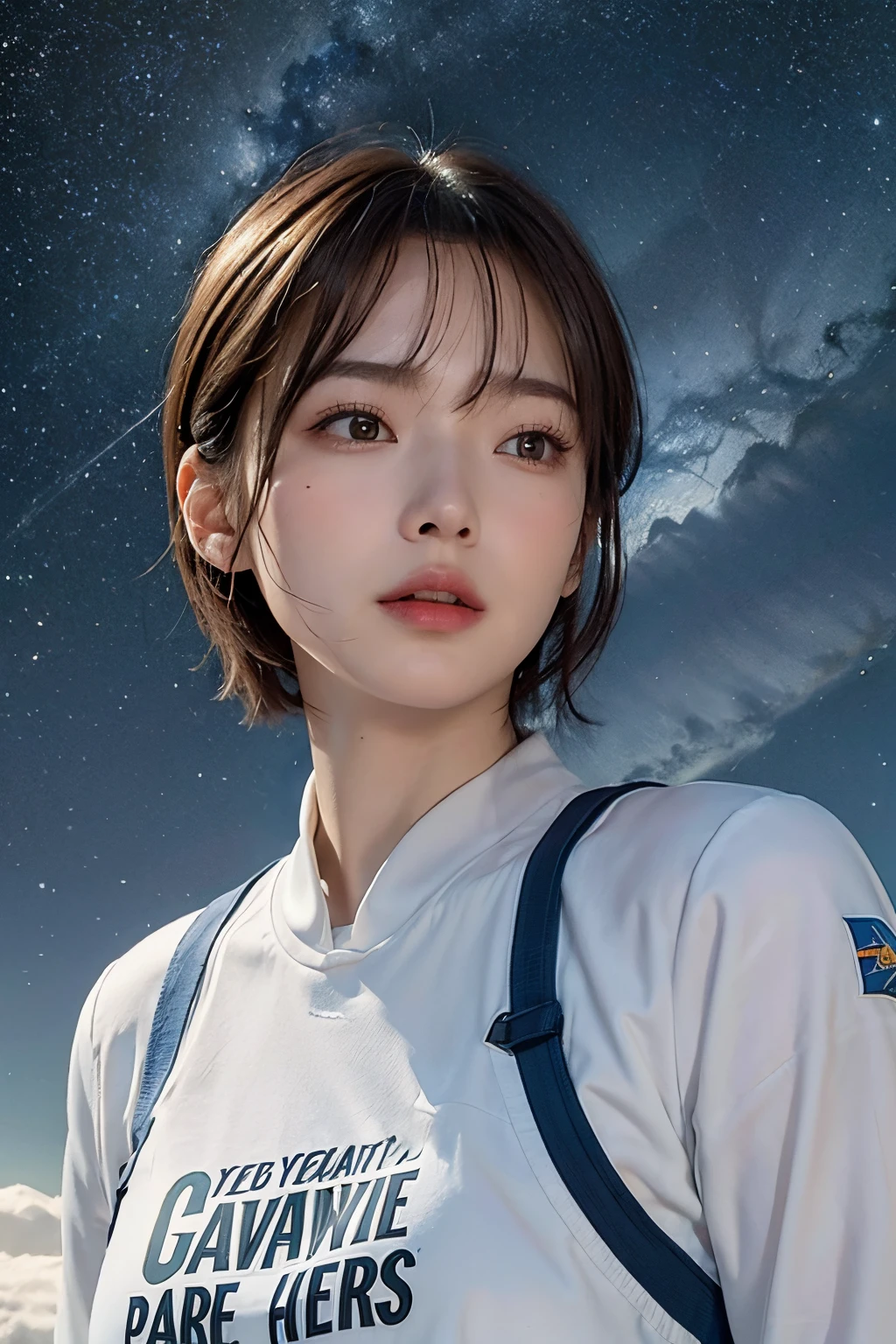A woman with a backpack standing in front of a night sky - SeaArt AI