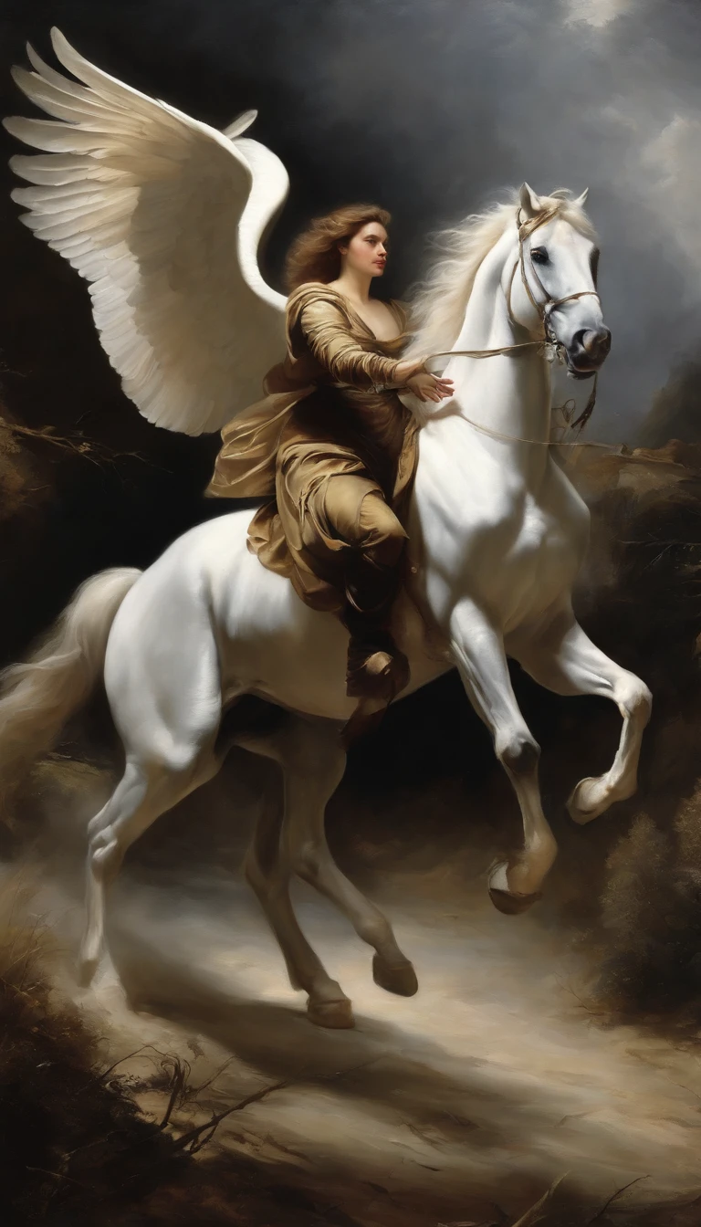 an oil painting,, A breathtaking masterpiece, Vivid, Caravaggio, 8K,angelicales,Lots of people,Fallen Angel,Fallen angel riding a white horse,dark angel,Black Angel,Hakuba、Black clothe,Black wings