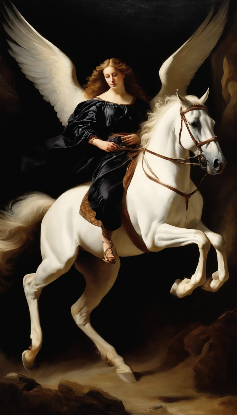 an oil painting,, A breathtaking masterpiece, Vivid, Caravaggio, 8K,angelicales,Lots of people,Fallen Angel,Fallen angel riding a white horse,dark angel,Black Angel,Hakuba、Black clothe,Black wings