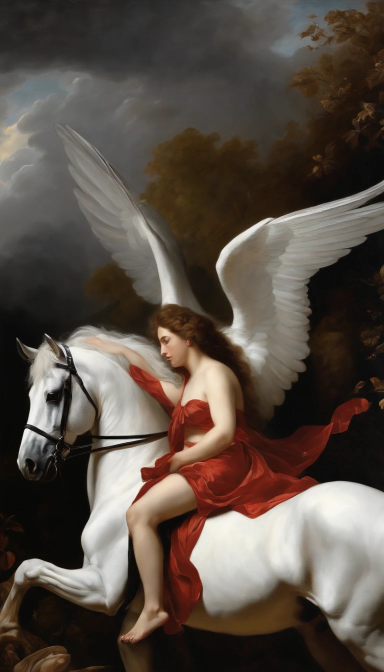 an oil painting,, A breathtaking masterpiece, Vivid,  Caravaggio, 8K，angelicales，Lots of people，Fallen Angel，Fallen angel riding a white horse，dark angel，Black Angel，Hakuba、Black clothe，Black wings