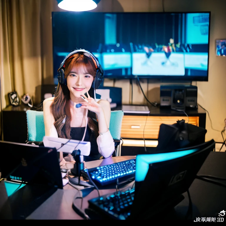 Woman sitting at desk with laptop and microphone, sitting in front of a microphone, twitch streamer, twitch streamer/gamer ludwig, giving an interview, Accurate portrait, Take the initiative with a smile, H3H3, With a happy expression, Accurate representation, In front of a computer, trending art, shutterstock, studio shot, extremely expressive, Realistic anime, Drawn,