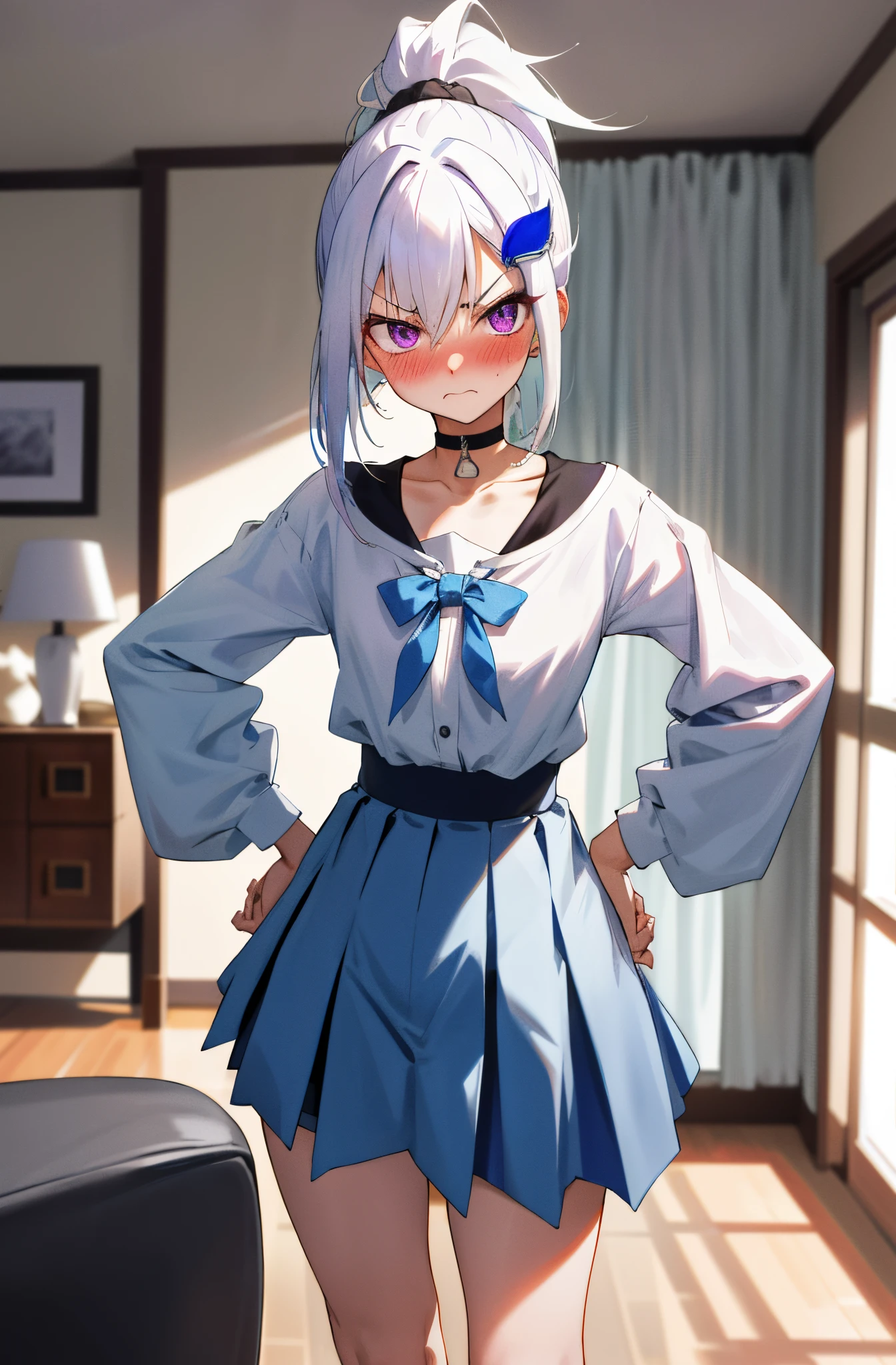 One girl with high ponytail hair, white hair, blue inner hair, purple eyes, looking at viewer, angry, blushing, embarrassed, indoor, living room, white shirts, mini skirt, thigh, slim, dizzy, choker, mid-chest, wide hips, perfect waist, morning atmosphere, hair ornament,standing, hands on hip