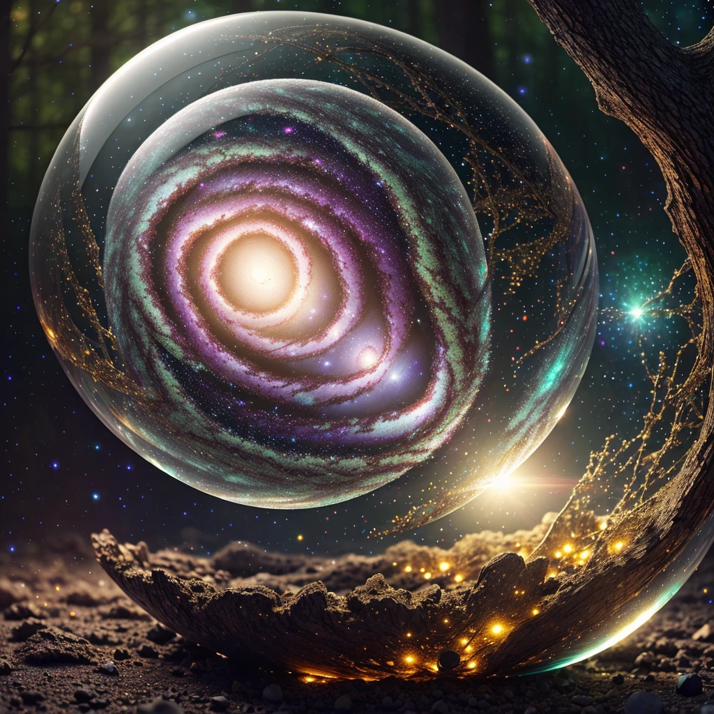 (An intricate galaxy trapped in a glass sphere), atmospheric Oliva lighting, enchanting, 4k UHD, dark vibes, sparkling lights, hyper detailed, vibrant colors forest background, epic composition, octane render, sharp focus, high resolution isometric