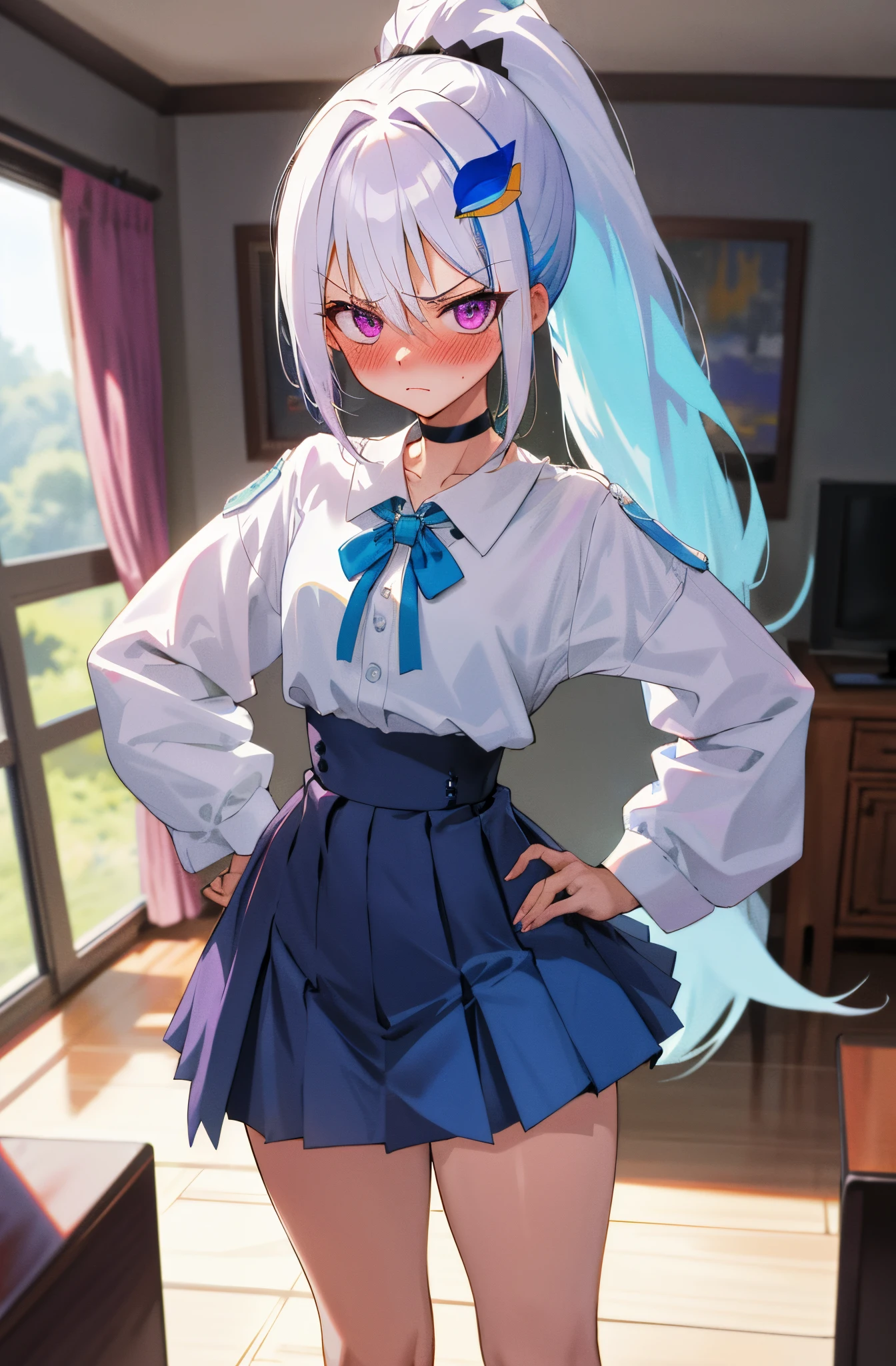 One girl with high ponytail hair, white hair, blue inner hair, purple eyes, looking at viewer, angry, blushing, embarrassed, indoor, living room, white shirts, mini skirt, thigh, slim, dizzy, choker, mid-chest, wide hips, perfect waist, morning atmosphere, hair ornament,standing, hands on hip