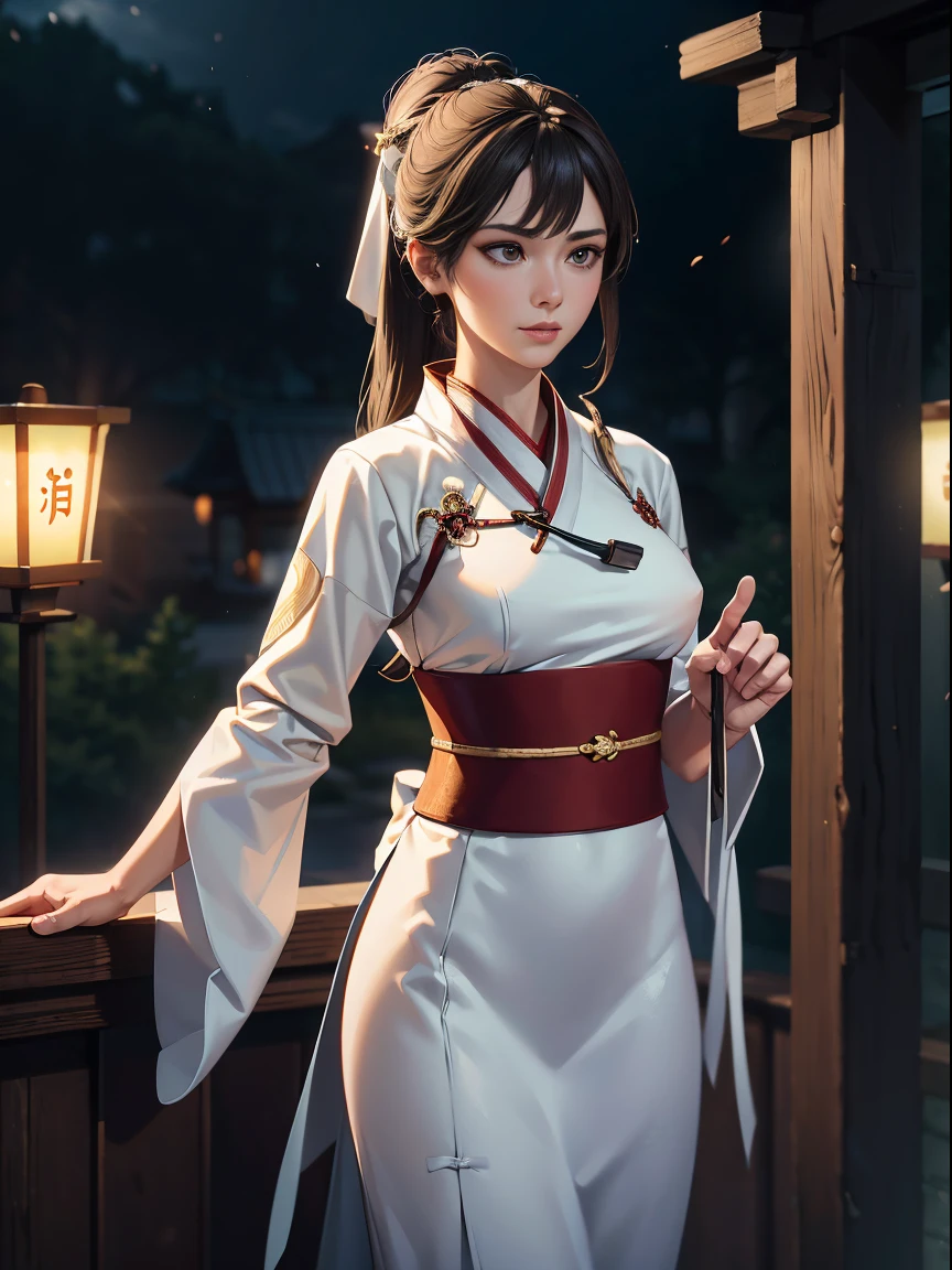 Best quality at best, tmasterpiece, A high resolution,martial arts heroine,Hold a sword in hand,Happy revenge,Delicate facial features,The gaze is sharp,Moderate stature,Proportions are well-proportioned,energetic,Have temperament,详细的脸, Yamakawa, the night, Firefly lamps, actual, detail-rich, (white hanfu:1.2), (beaturiful body:1.4),