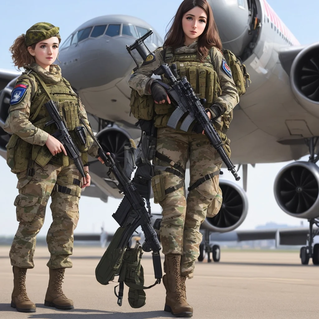 Crea una chica israelita crespa vestida de soldado con una metrayeta enfrente sus pechos y una arma en su pierna arecostada sobre un avion