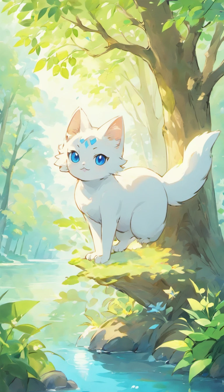 White cat、Blue eyes、sidelong glance、Inside a fantastic forest with a large lake in the background、Elegance、narrow her eyes、Fantastical、hali々and has、Condescending、Go straight towards the tree branch