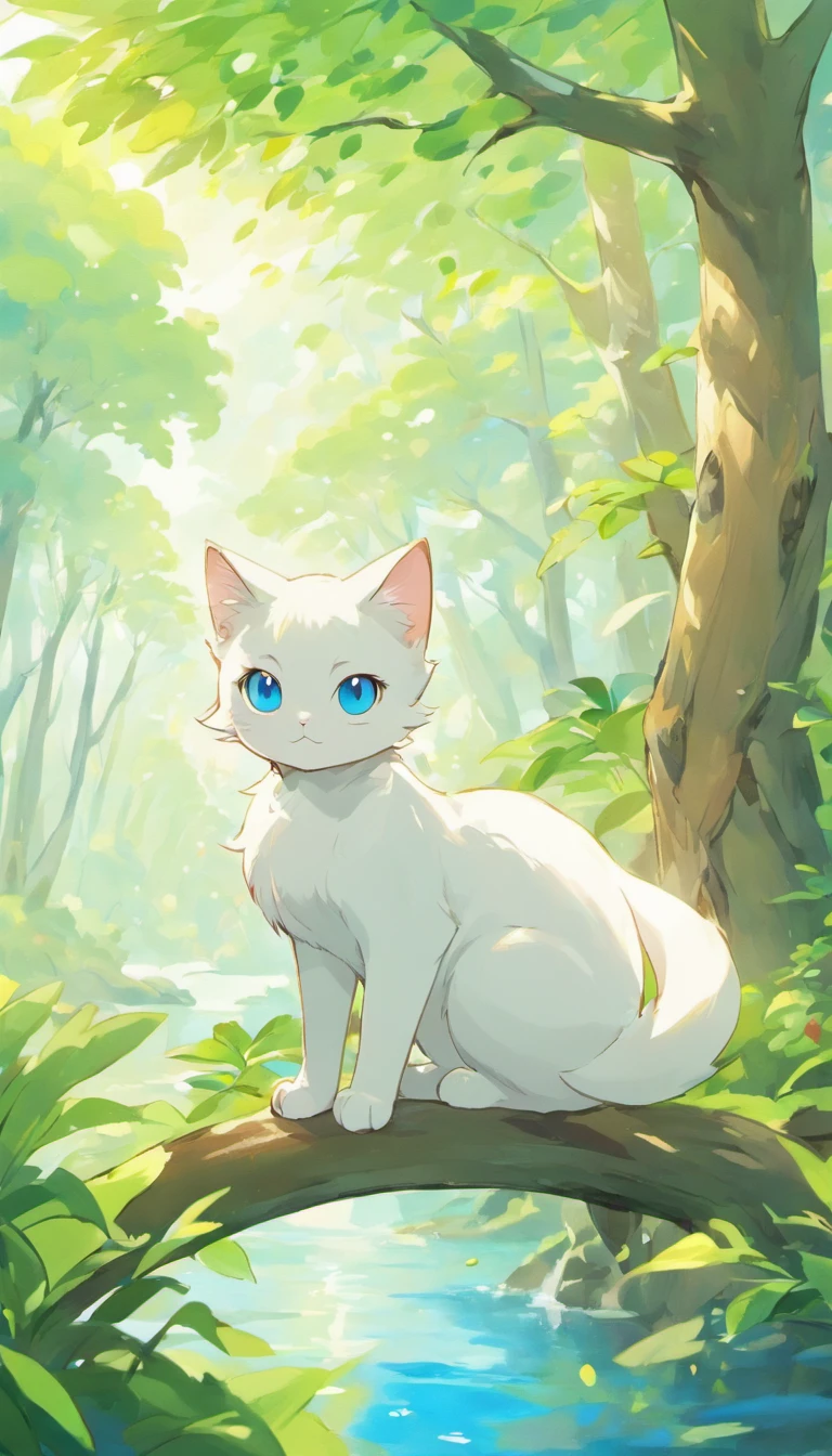 White cat、Blue eyes、sidelong glance、Inside a fantastic forest with a large lake in the background、Elegance、narrow her eyes、Fantastical、hali々and has、Condescending、Go straight towards the tree branch