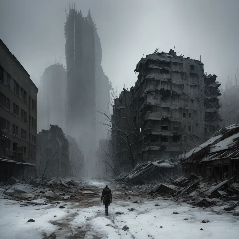 snow, blizzard, (style of ashley wood), post apocalyptic, ruins of war,
