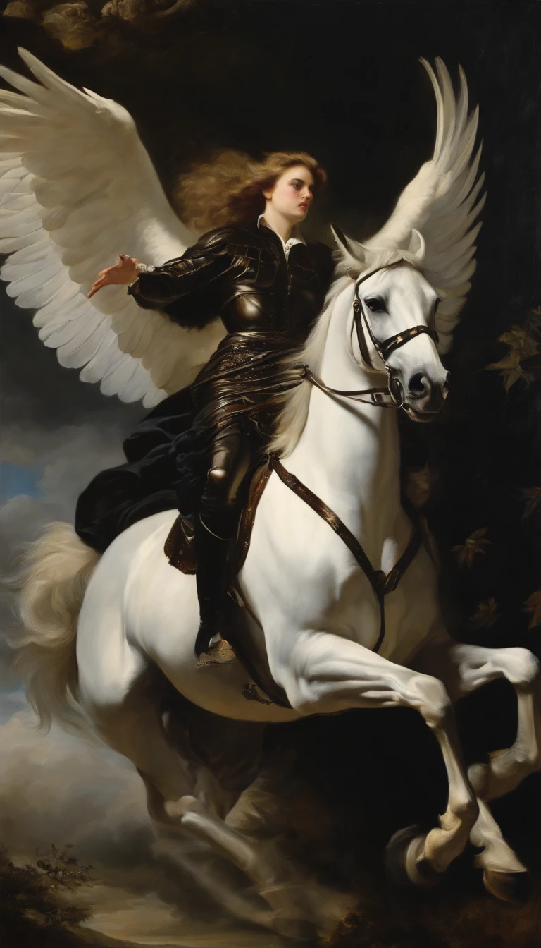 an oil painting,, A breathtaking masterpiece, Vivid, Caravaggio, 8K,angelicales,Fallen Angel,Fallen angel riding a white horse,dark angel,Black Angel,Hakuba、Black clothe,Black wings