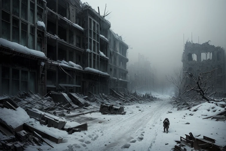 snow, blizzard, (style of ashley wood), post apocalyptic, ruins of war,