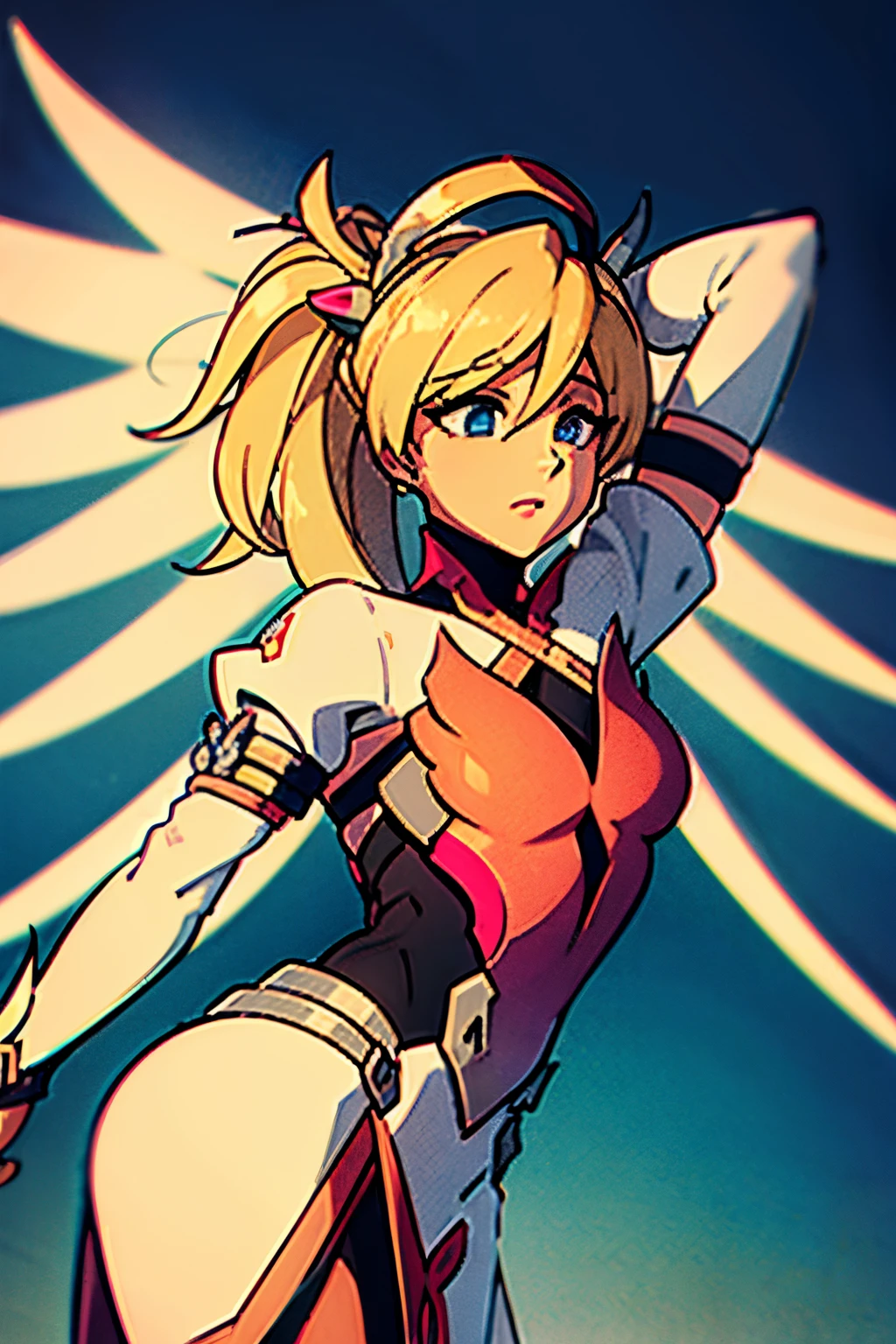 Mercy, overwatch, best quality, master part, extremamente detalhado, Antecedentes detalhados, 1girl, sozinho, cabelos longos, flor, fundo branco, Flor Rosa, fundo simples, Perfil, parte superior do corpo, camisa, camisa branca, flor branca, arco, franja, folha, corar