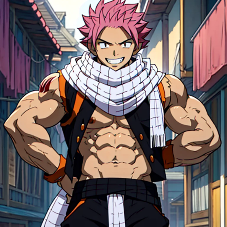 1boy, 20 year old, Natsu Dragneel smiling widely wearing a black half jacket bare chested, ((white scarf)). In black trousers with a bulge, flexing his arms looking at the viewer. Big muscular proportionate arms and strong chest and abs. Pink hair front view